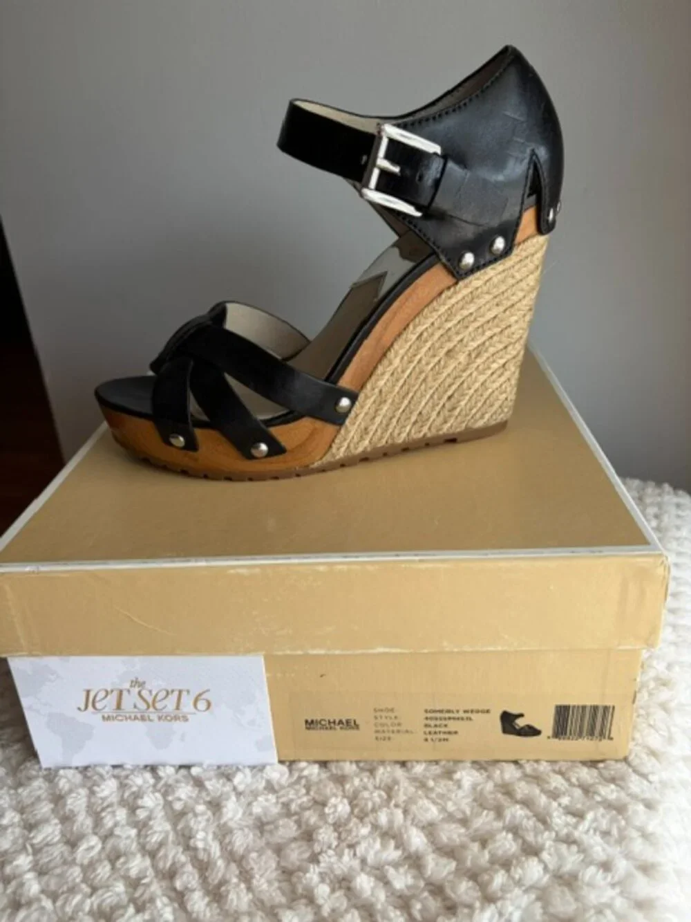🖤 Michael Kors Somerly Black Leather Espadrille Wedge Sandals 8.5